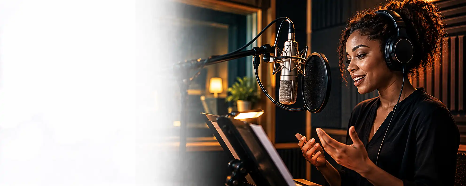 Voice artist wearing headphones performing into a studio microphone in a treated recording booth.
