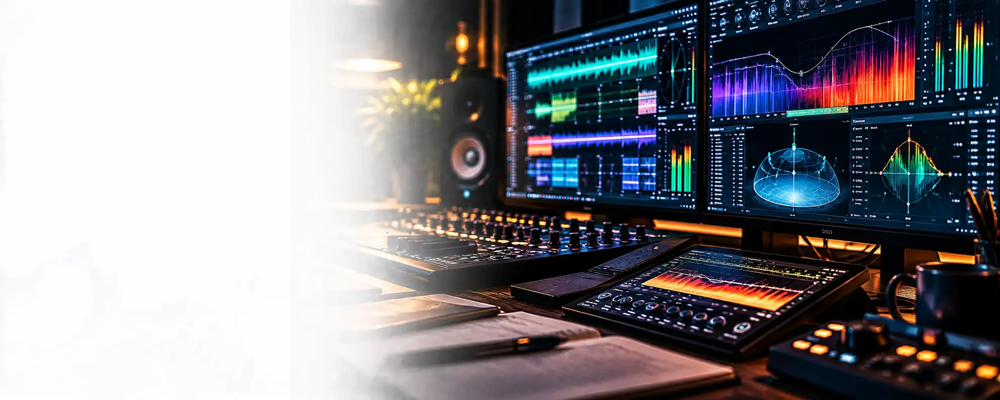 Audio mixing console with spectral displays and multitrack sound-design software.