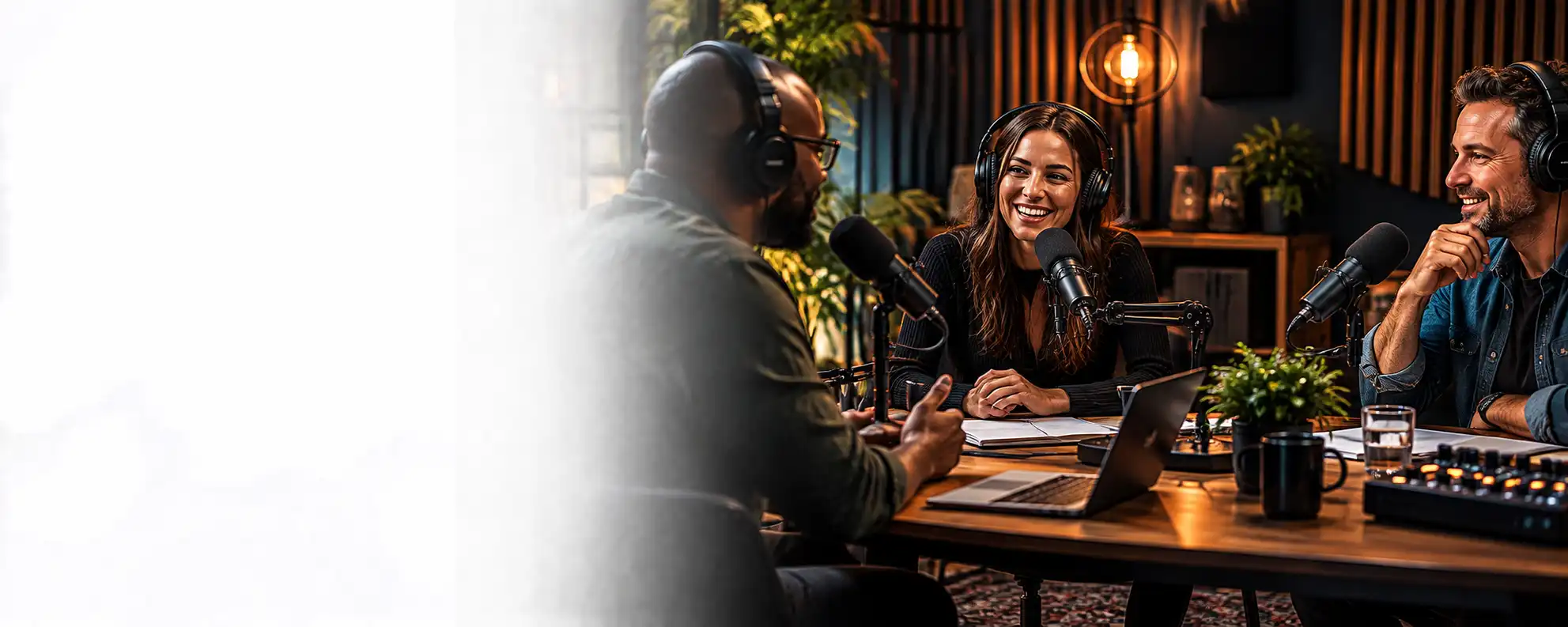 Three podcast speakers seated around microphones in a warmly lit professional recording studio.