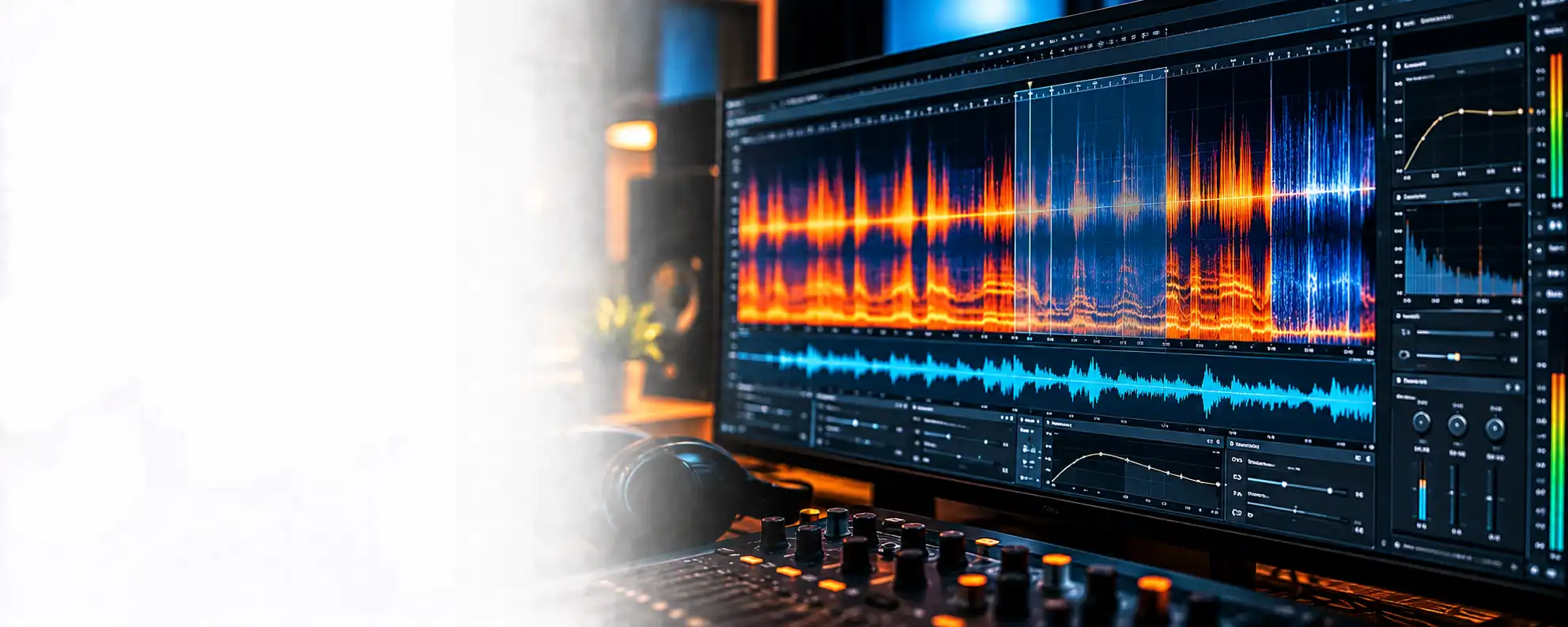 Audio restoration display showing detailed blue and orange speech waveforms and a spectrogram.