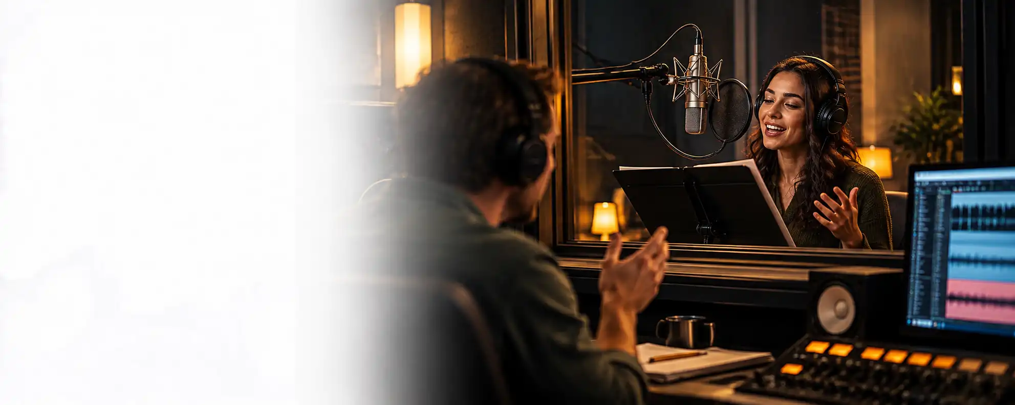 Voice artist recording a demonstration reel with a producer directing from the control room.