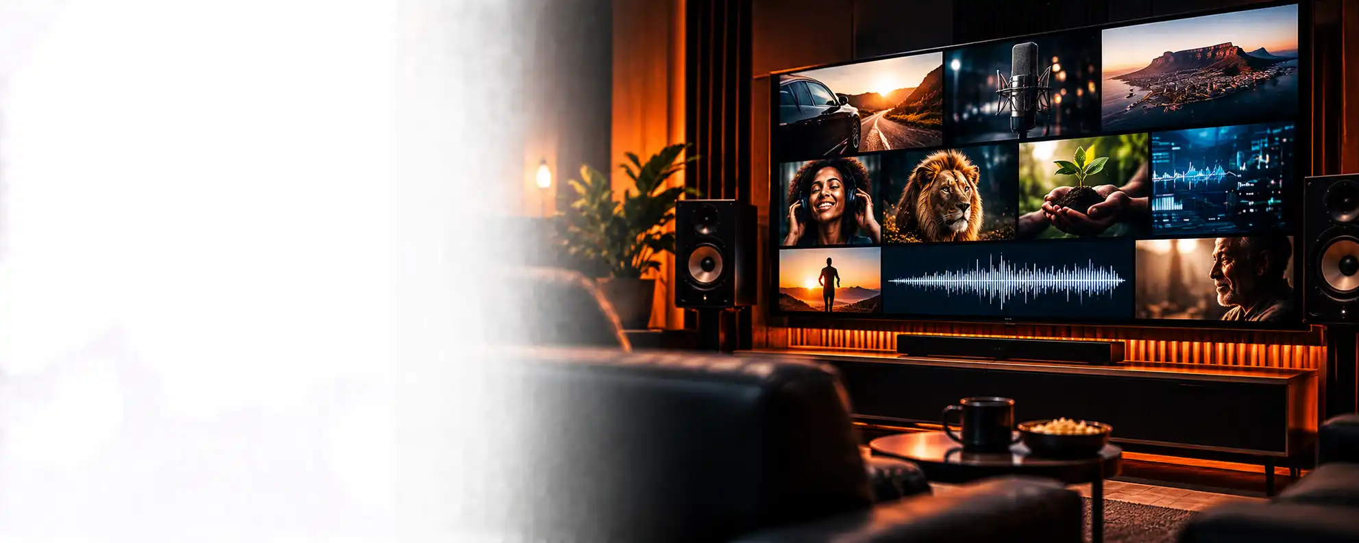 Audio and video post-production workspace with several cinematic screens and a mixing desk.