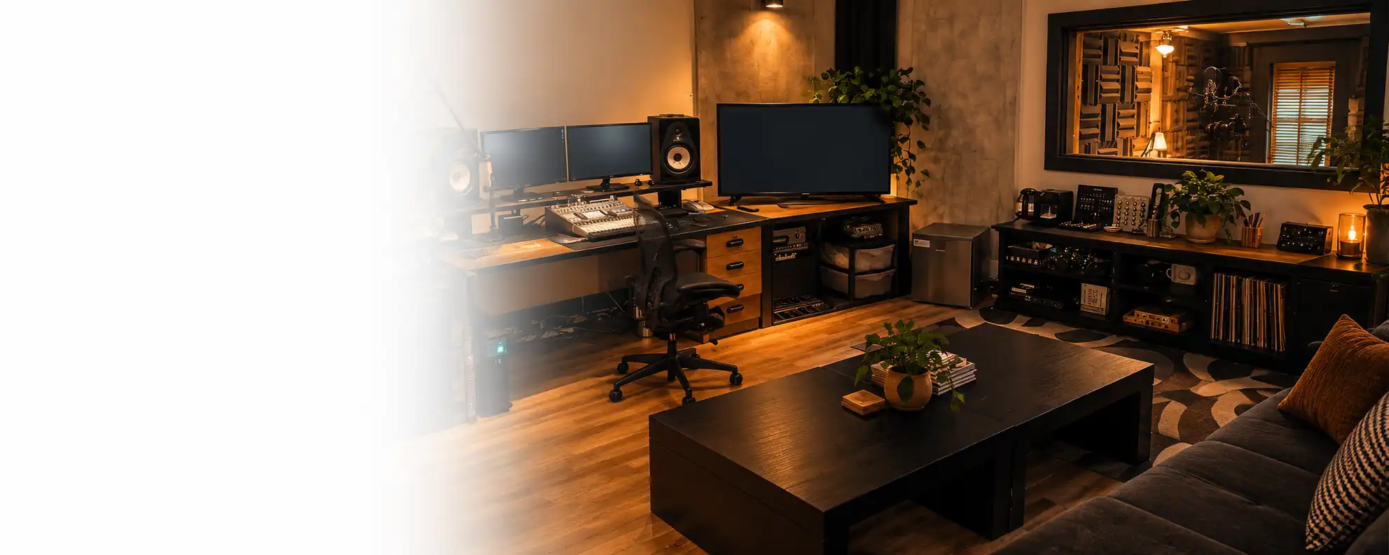 Warmly lit audio studio with recording equipment, acoustic treatment and a comfortable seating area.