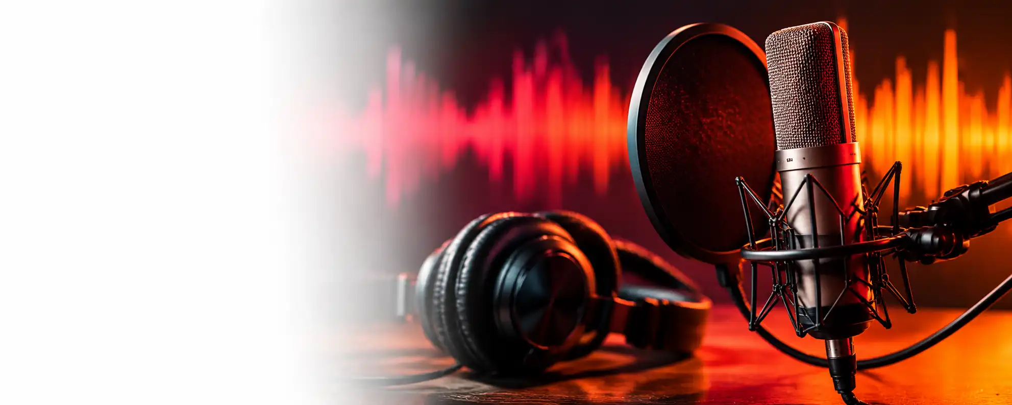 Studio microphone with headphones against a red and orange audio waveform graphic.