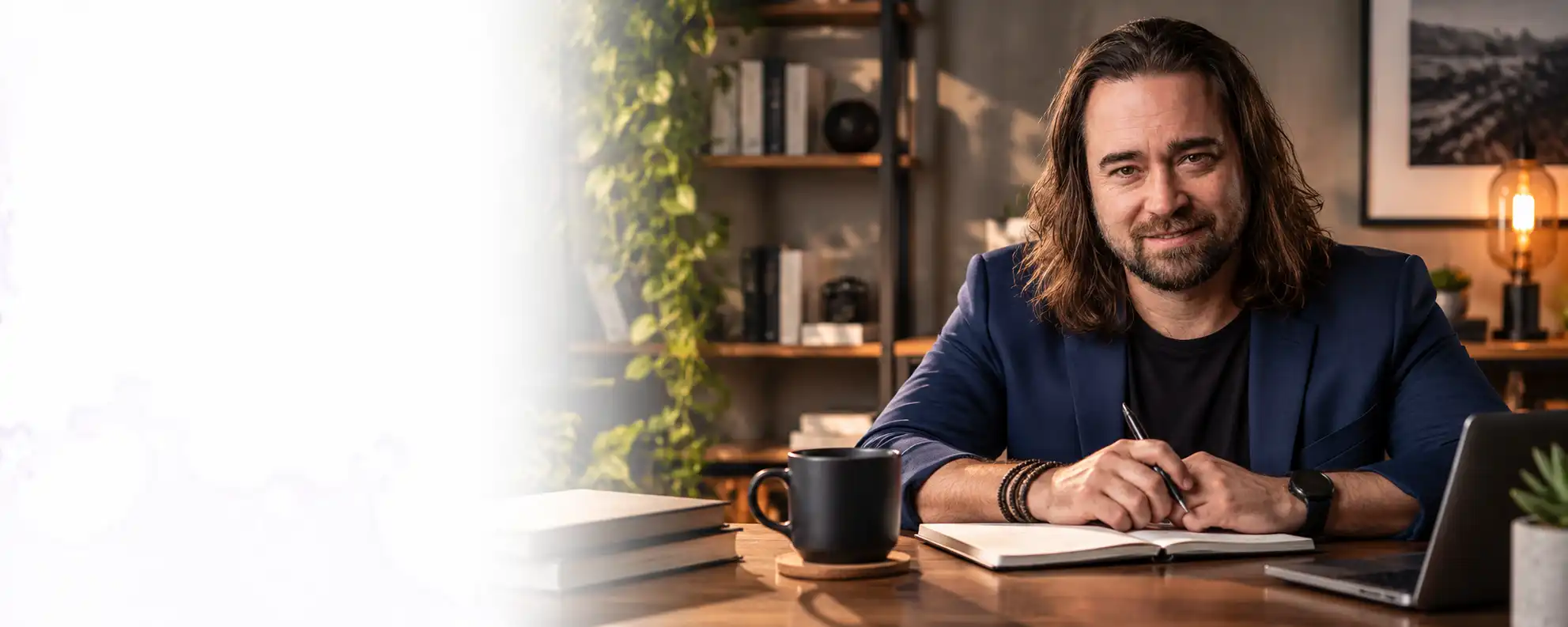 Man seated at a desk with a notebook and coffee, in a welcoming consultation setting.