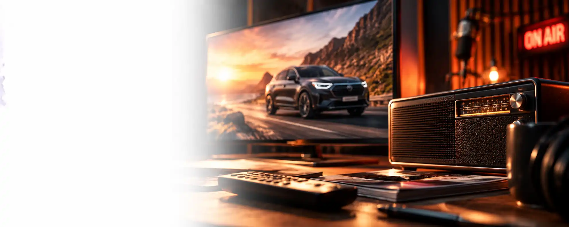 Advertising production scene with a premium car image and vintage radio on a desktop.