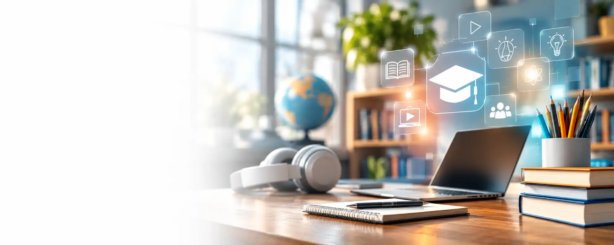 Educational workspace with laptop, headphones, books and learning-themed visuals.