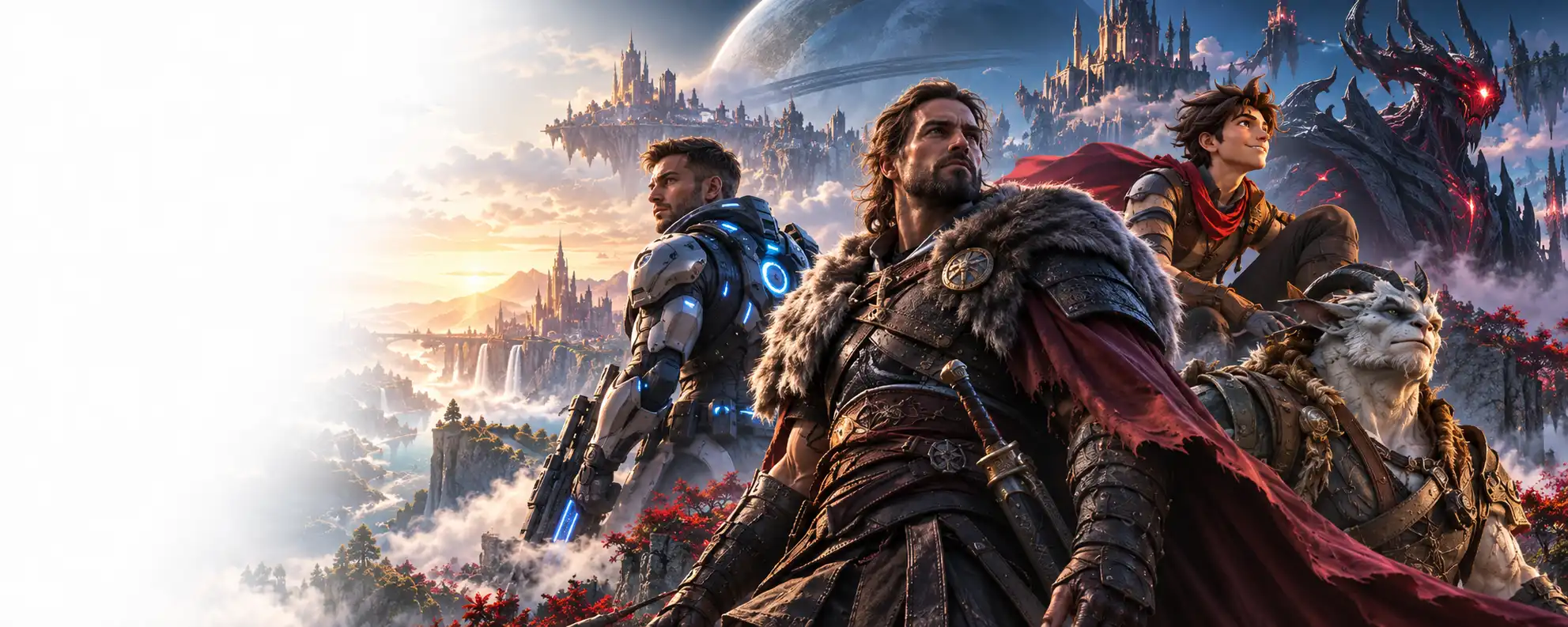 Cinematic fantasy and science-fiction characters gathered in an illustrated action scene.