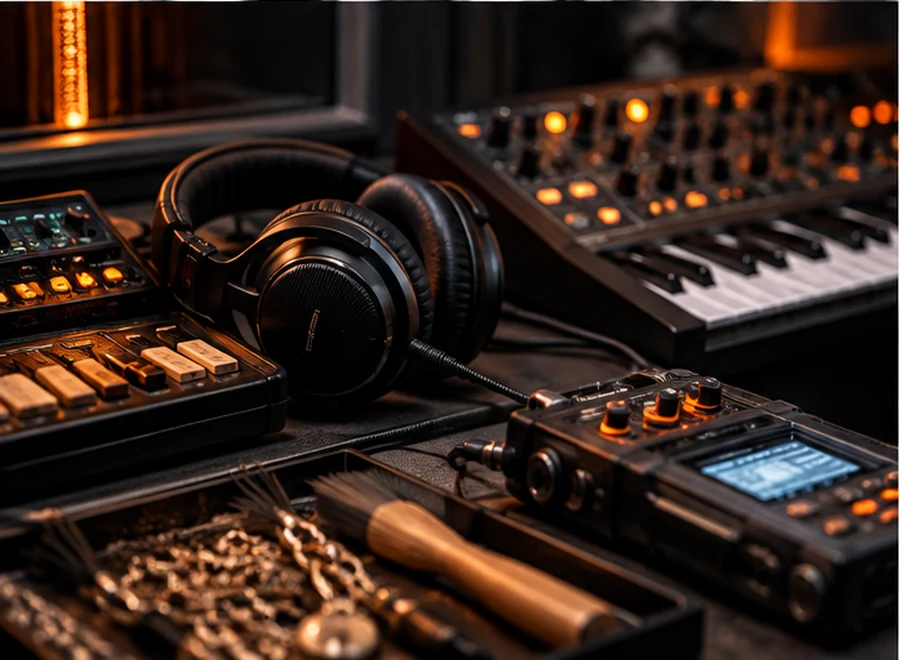 Illustrative audio sound-design workspace, with headphones, mixing equipment and recording gear